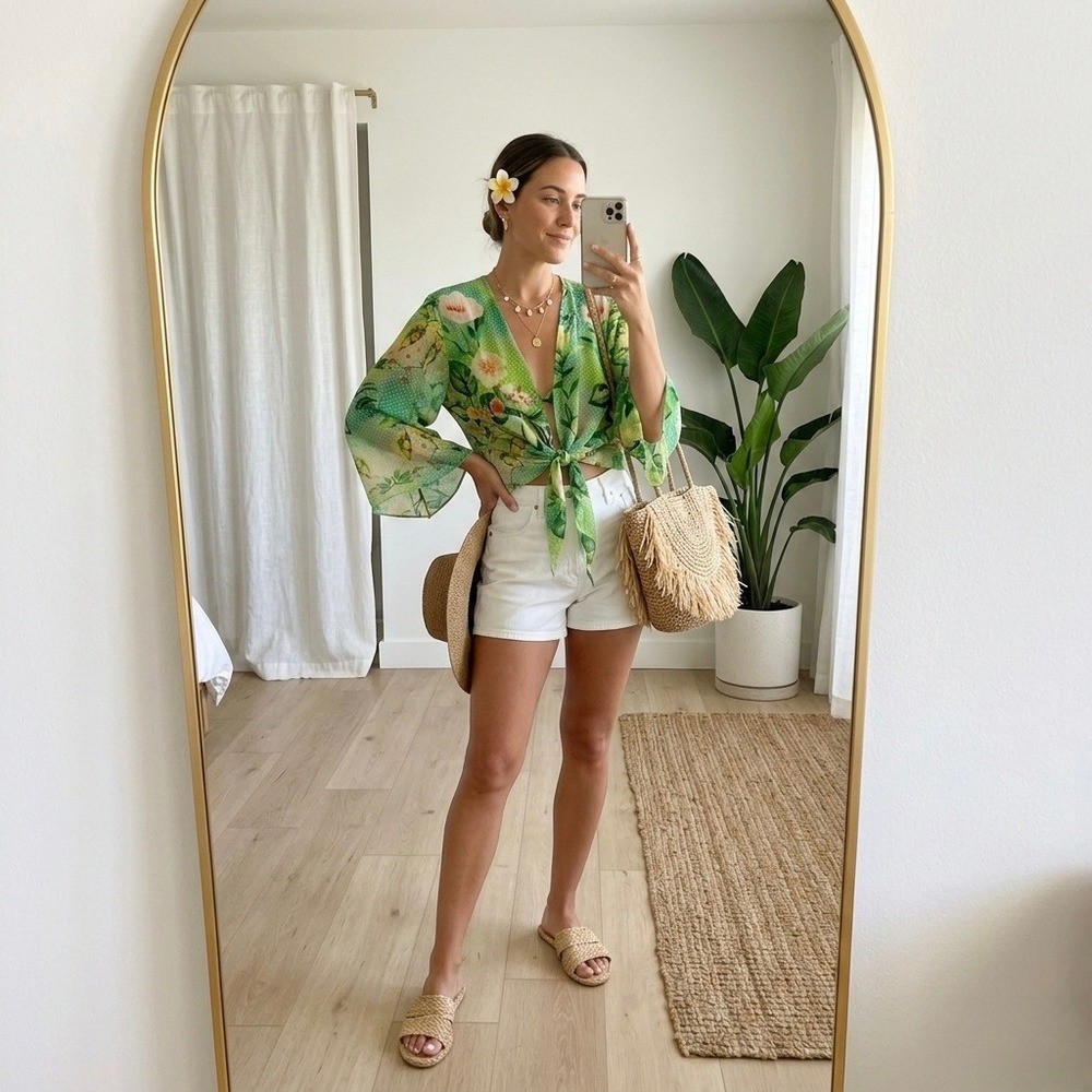 Tianello 100% Silk Yuriko Blouse XL Green Floral Tie Front Bell Sleeve Vacation